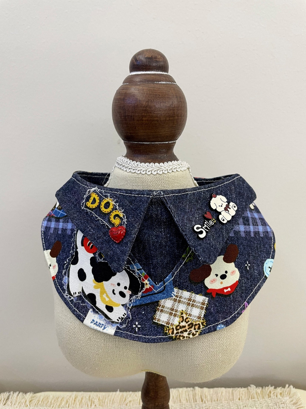 Denim Dog Bandana Bib with Cartoon Patches