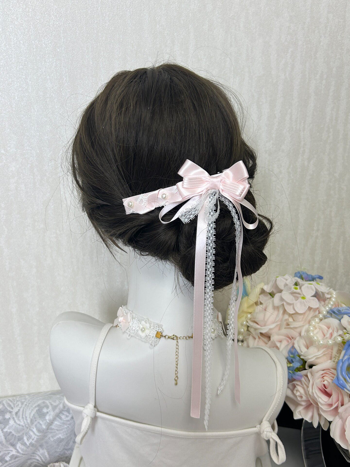 Pink Satin Lace Bow Hair Clip