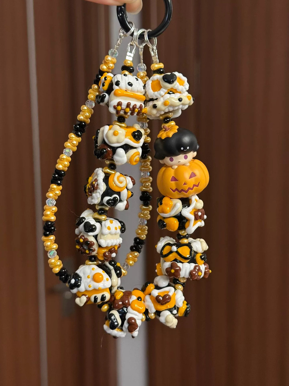 Halloween Beaded Keychain Black Orange Three Strand