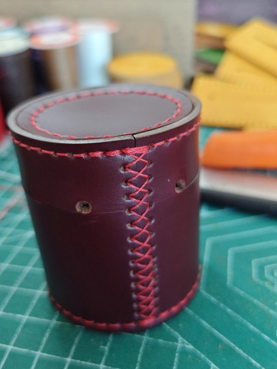 Handcrafted Leather Cylinder Jewelry Storage Box