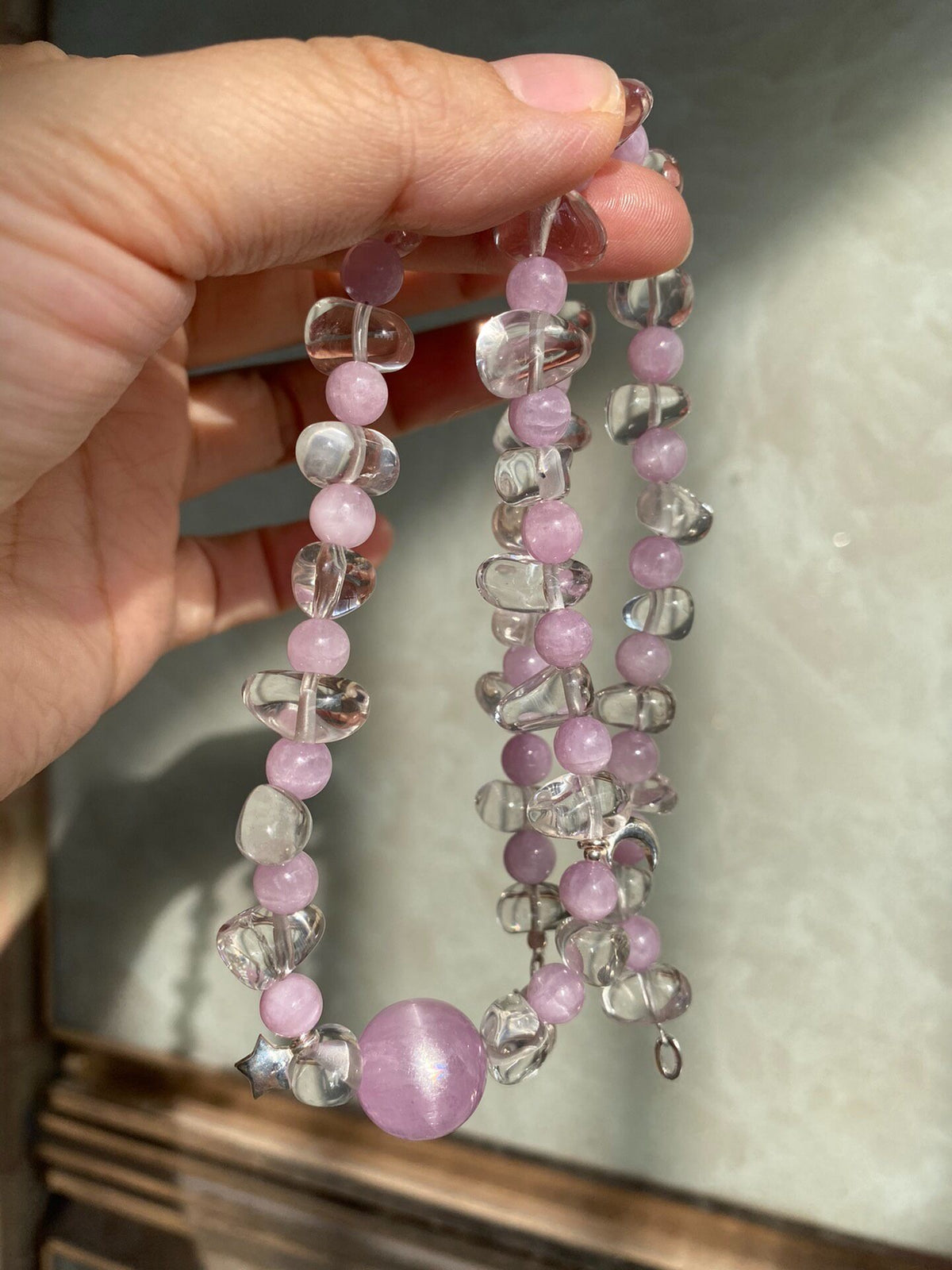 Colar de Contas de Quartzo Branco e Kunzite em Prata Esterlina