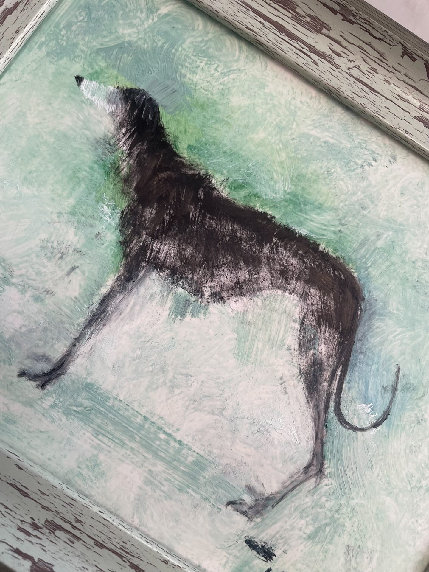 Hand-Painted Oil Artwork of a Slender Sighthound in Rustic Frame