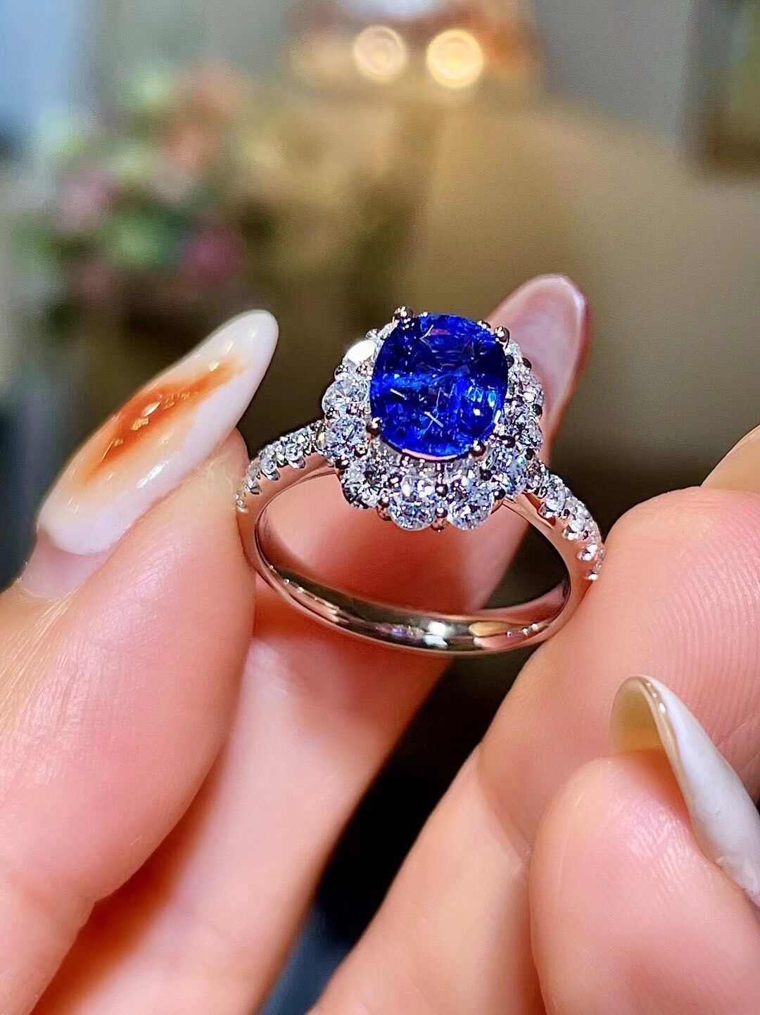 18K Gold Sapphire 1.90ct Diamond Halo Ring