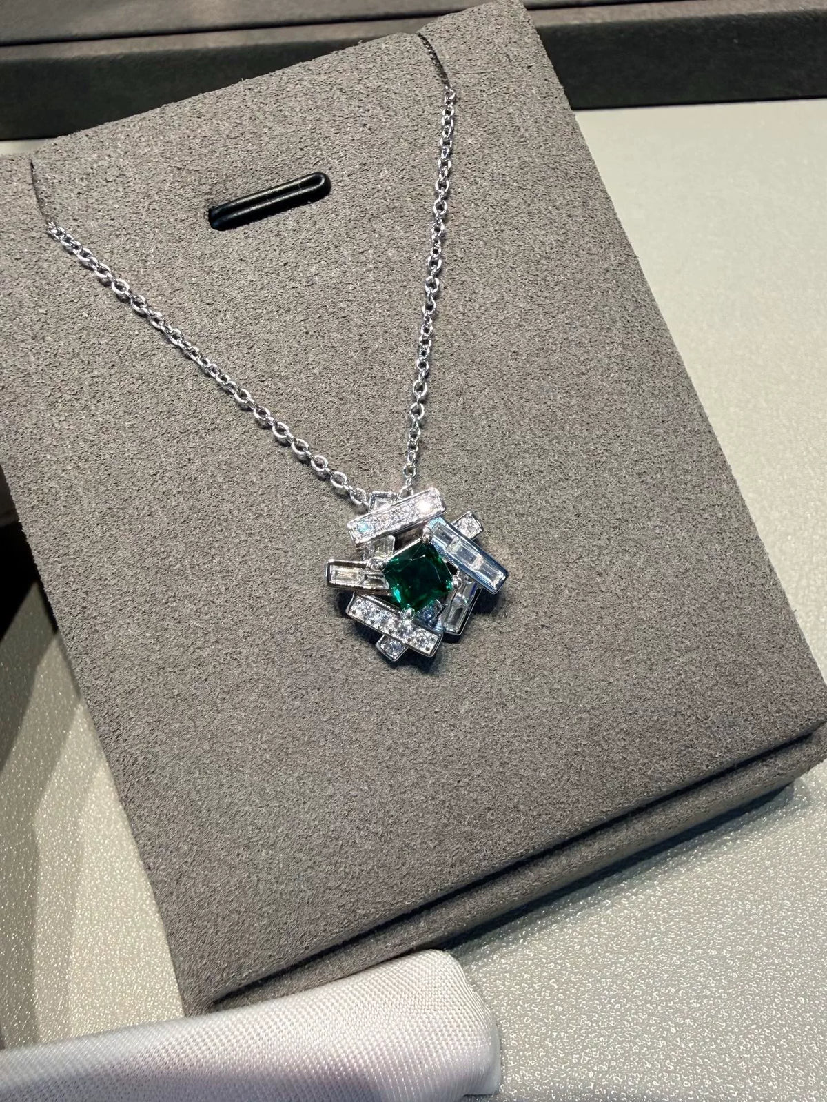 Geometric Green Stone Necklace Rhodium Plated