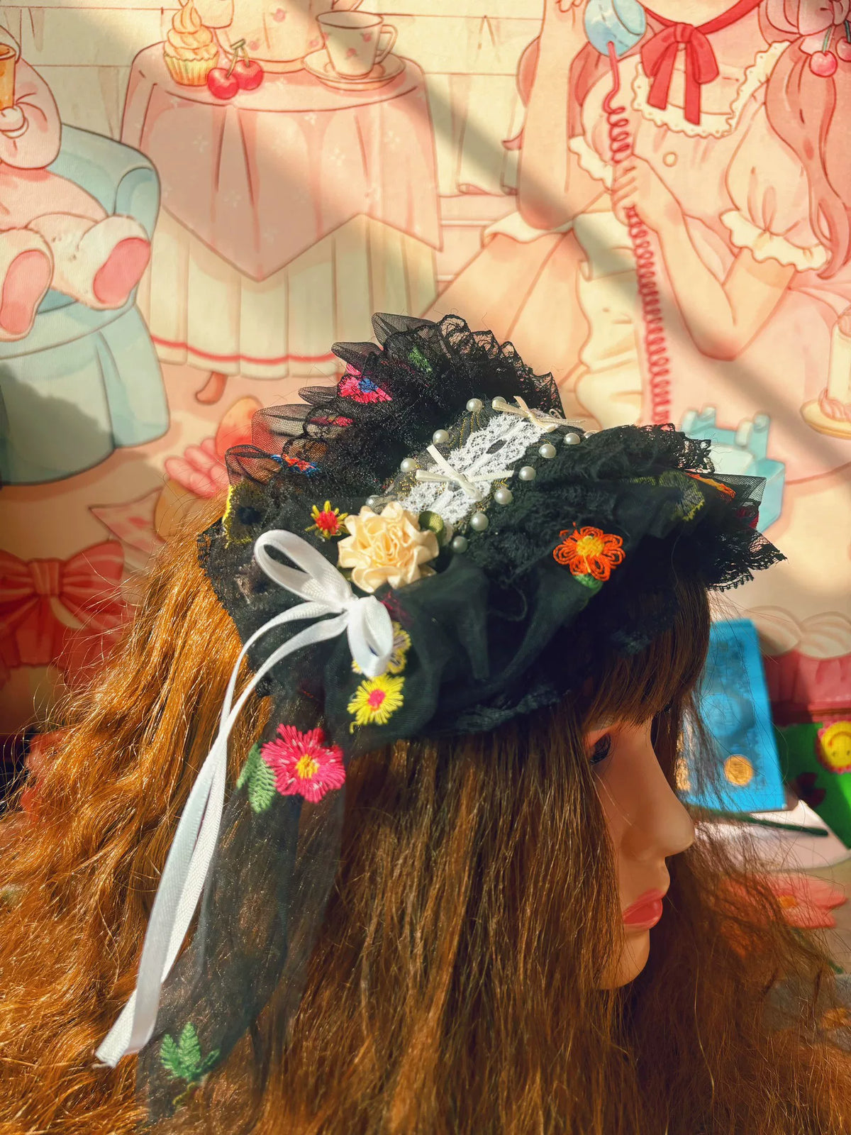 Zwarte Lolita Mini Bon met Parel en Kant