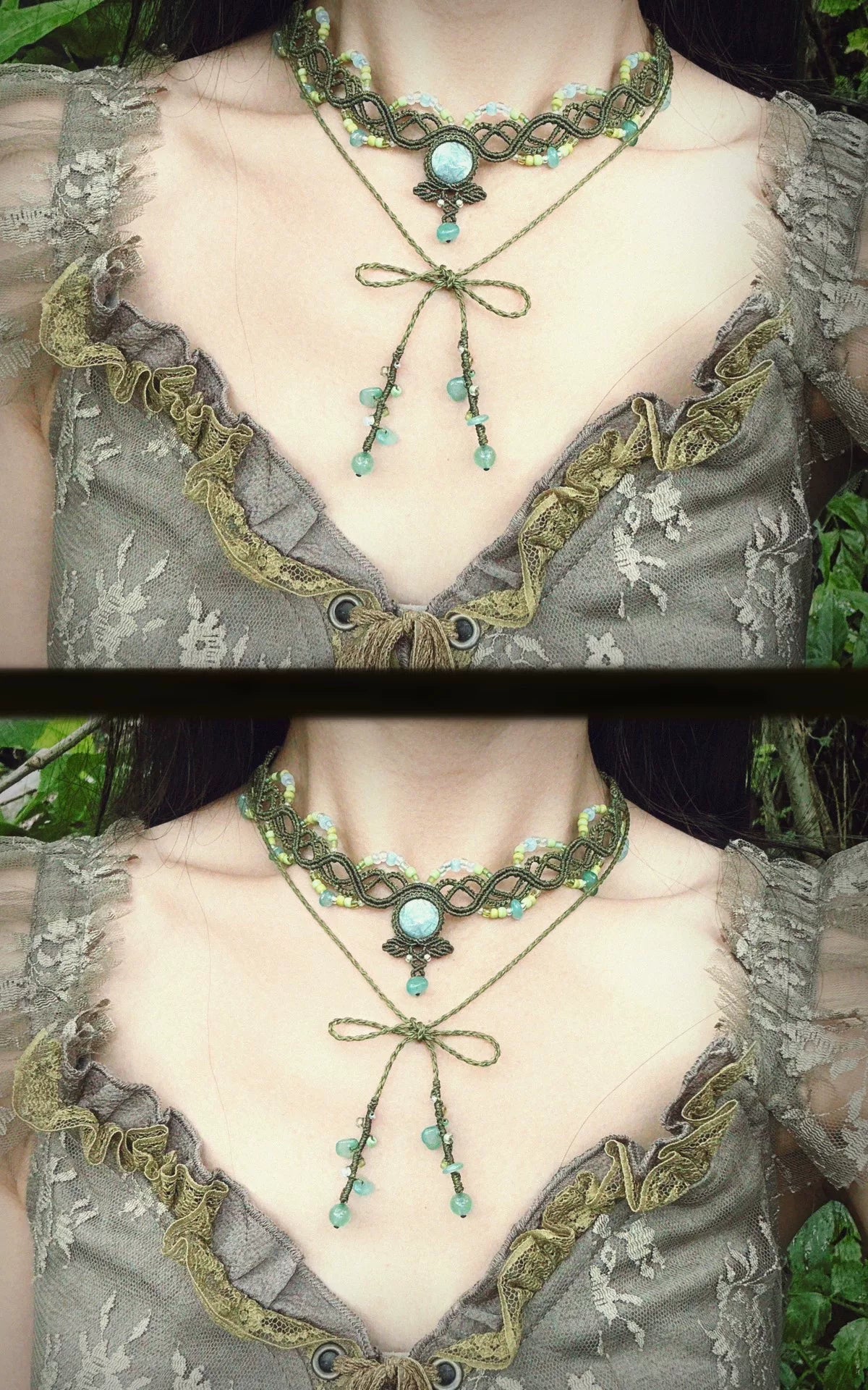 Macrame Choker Halsketting met Groene Labradoriet Steen
