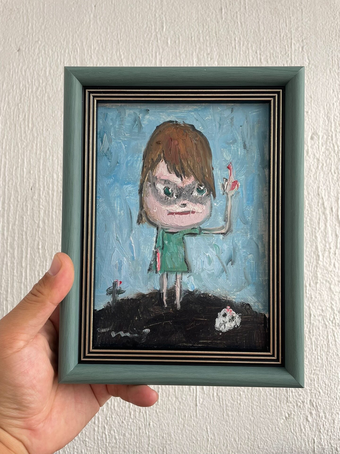 Framed Hand-Painted Oil Portrait of Child with Dark Eye Shadows