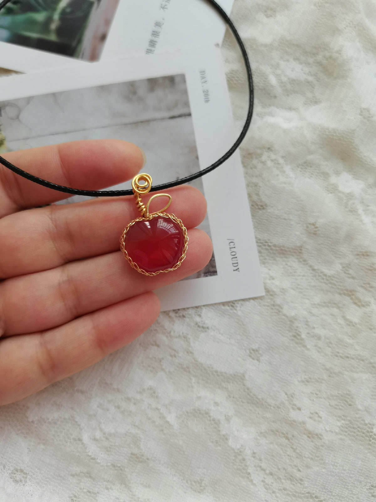Red Agate Apple Pendant Wire Wrapped Necklace