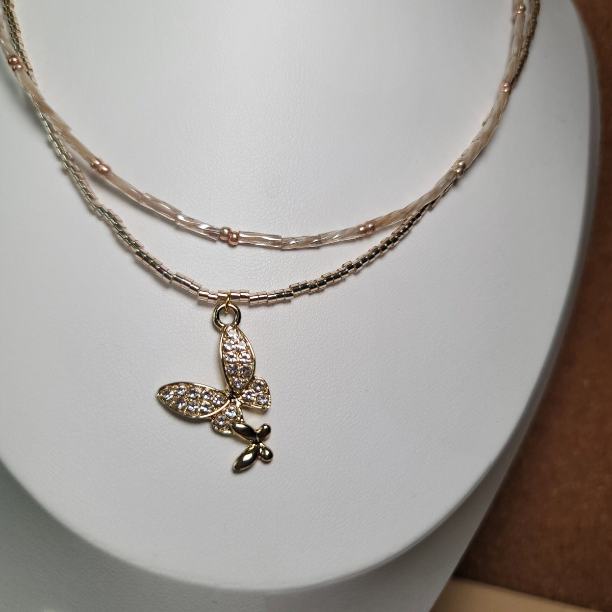 Champagne Gold Layered Necklace With Butterfly Pendant