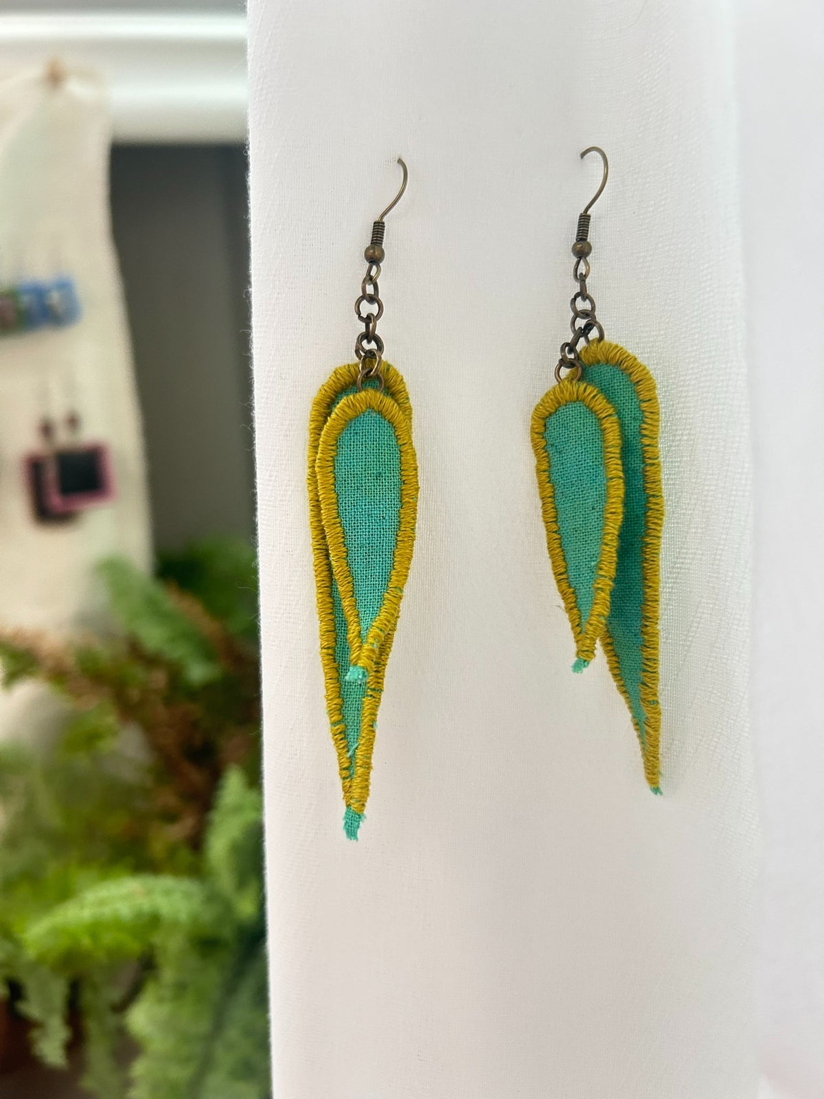 Handmade Fabric Bamboo Leaf Dangle Earrings