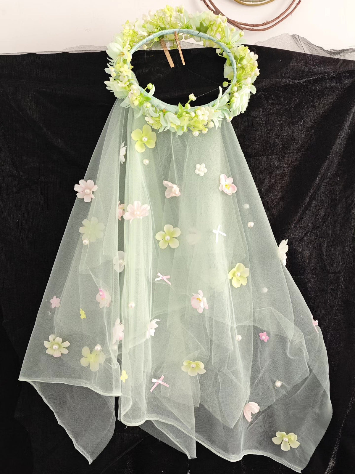 Green Floral Wreath Headpiece with Detachable Veil