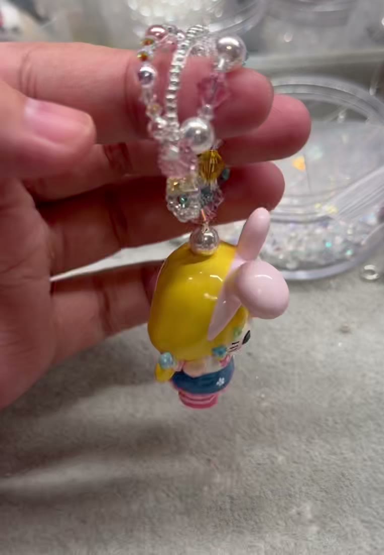 Handmade Beaded Phone Strap with Rabbit Girl Figurine