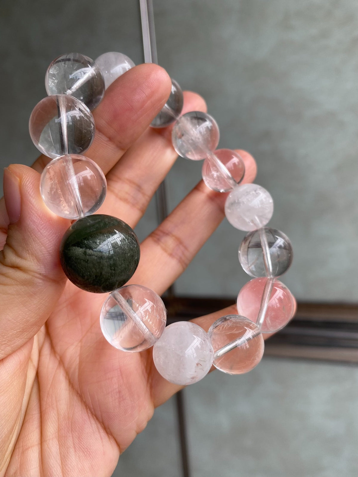 Natural Quartz Crystal Bracelet with Green Phantom Bead