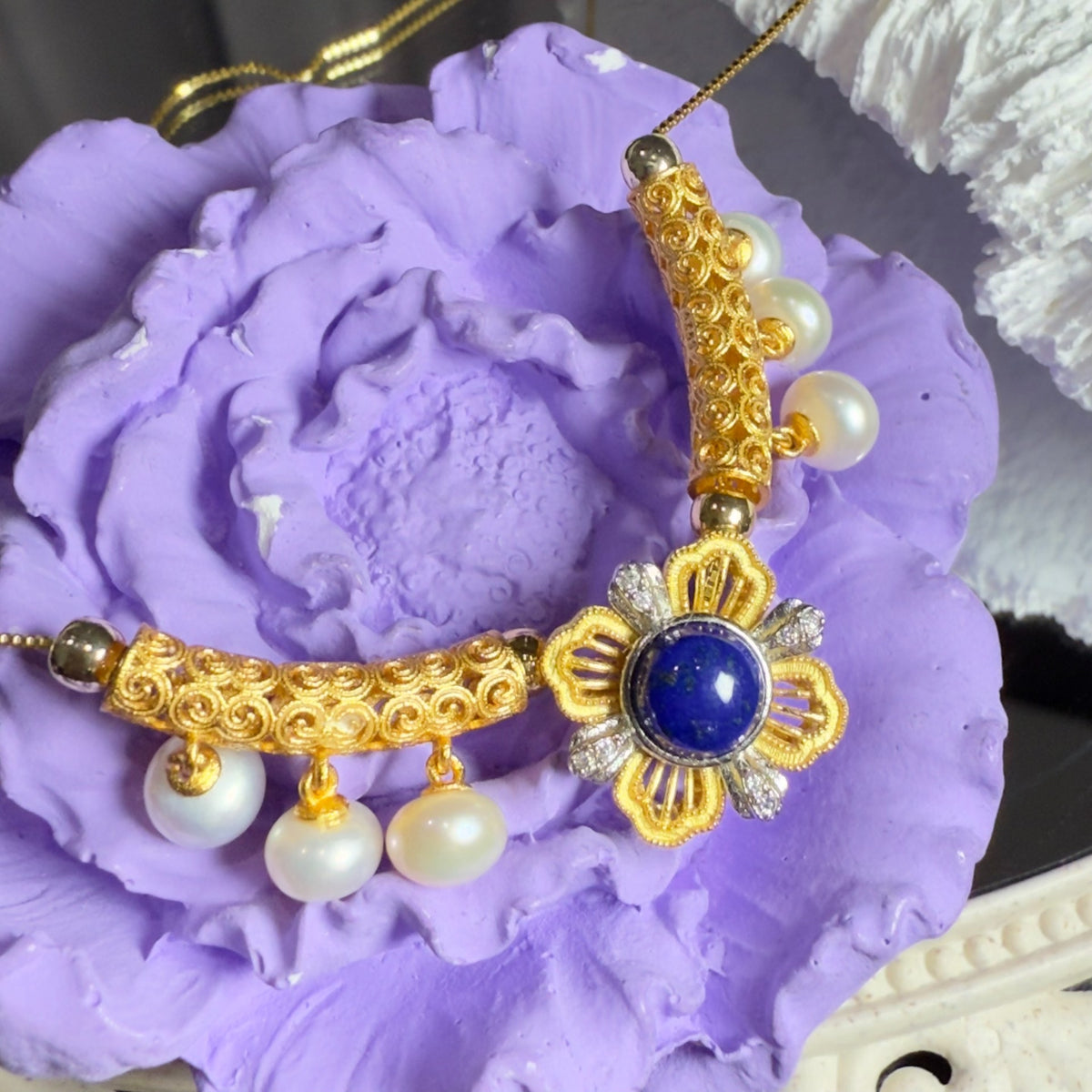 Collar de Filigrana con Perlas y Lapislázuli en Plata de Ley