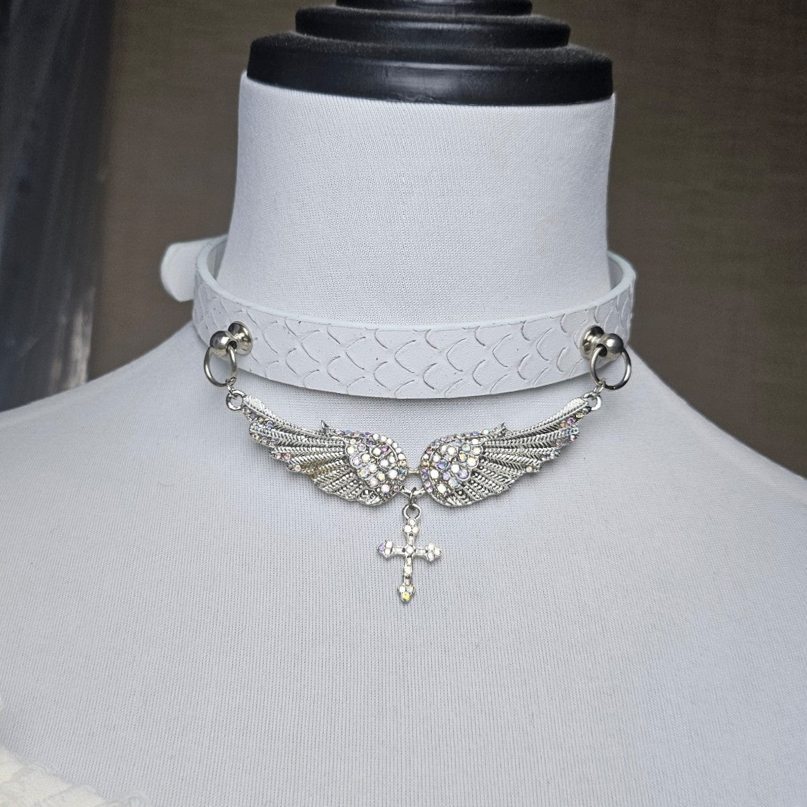 Crystal Wing Choker White Leather Collar