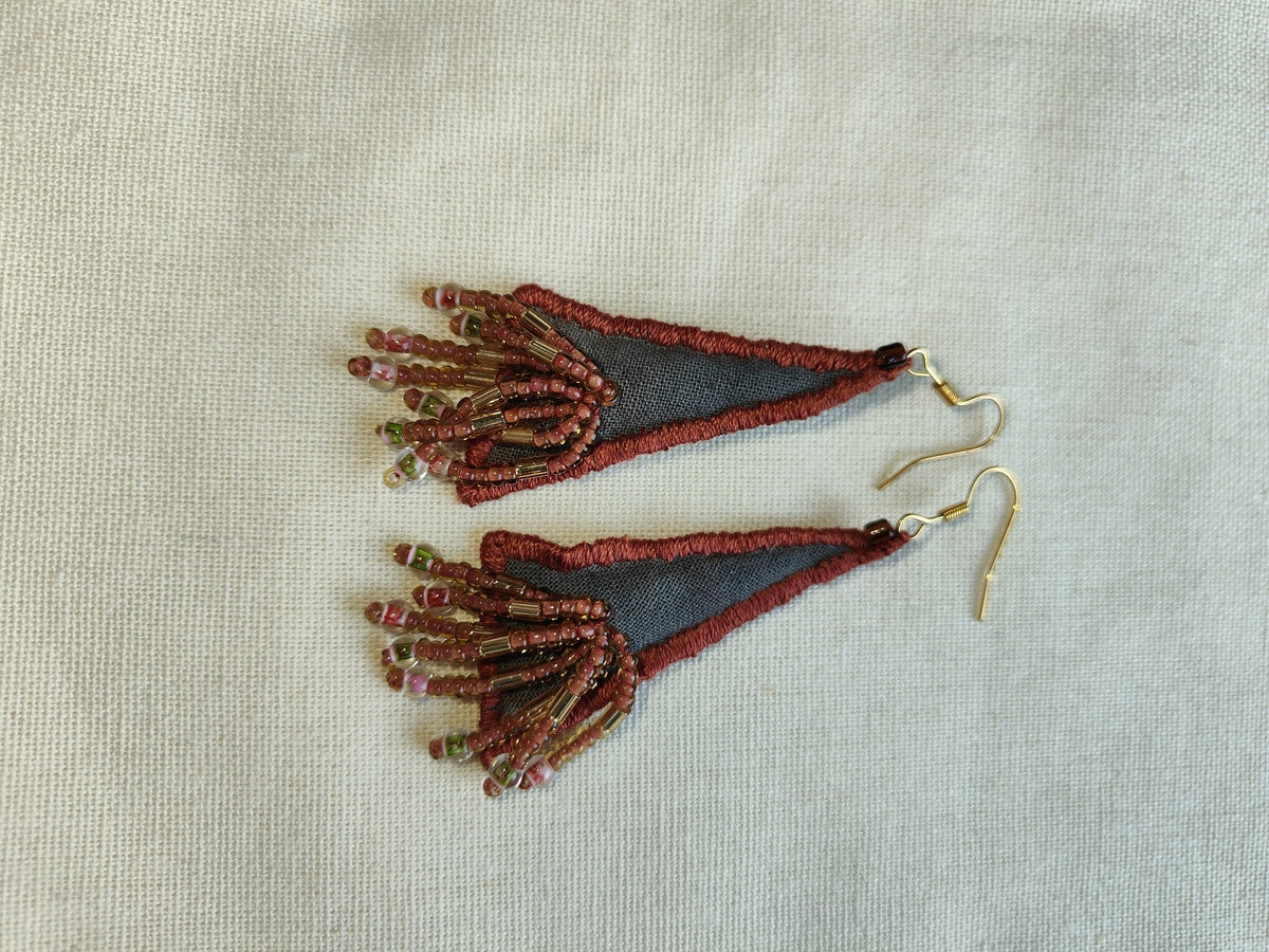 Handmade Fabric Tassel Earrings Gray Beaded