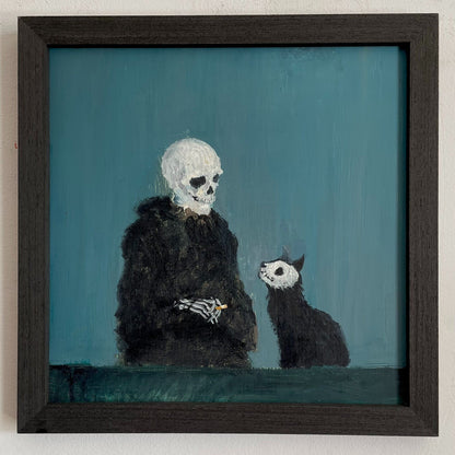 20x20cm Hand-Painted Oil Easel Painting, Skeleton Figure with Cat