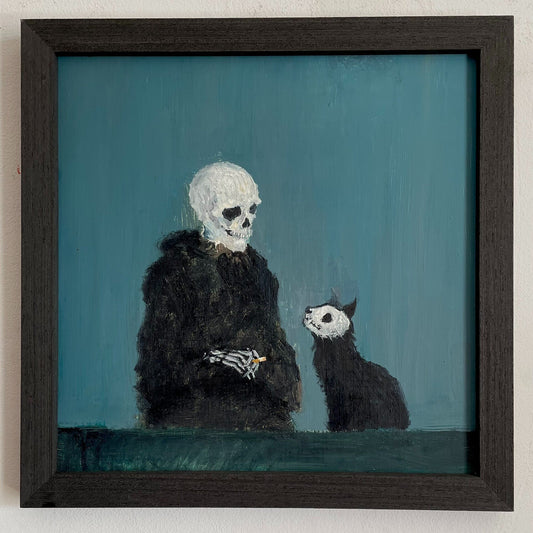 20x20cm Hand-Painted Oil Easel Painting, Skeleton Figure with Cat