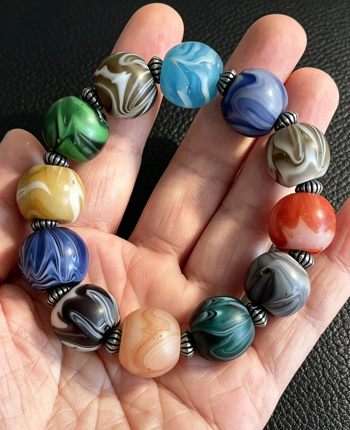 Marbled Glass Bead Bracelet with Metal Spacers