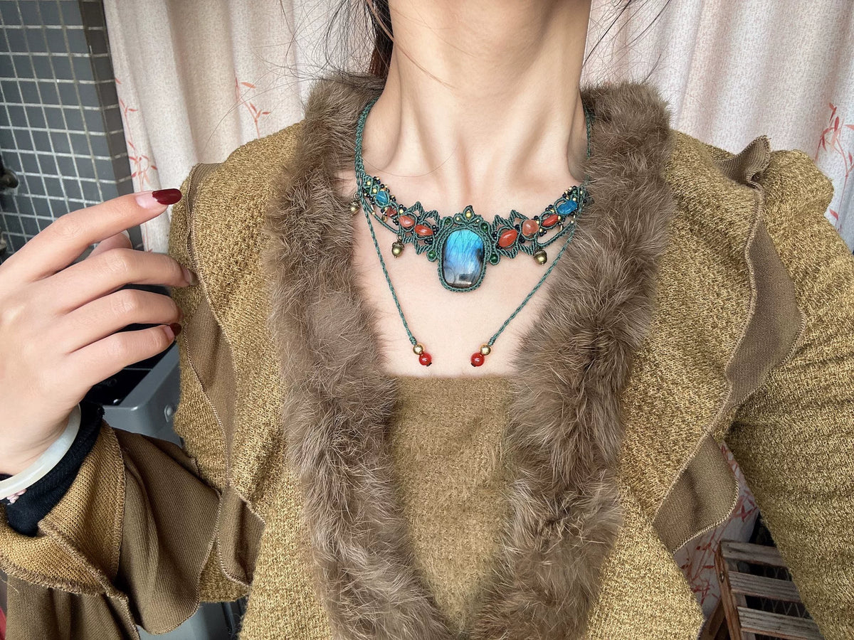 Handgemaakte Labradoriet Macramé Choker Ketting