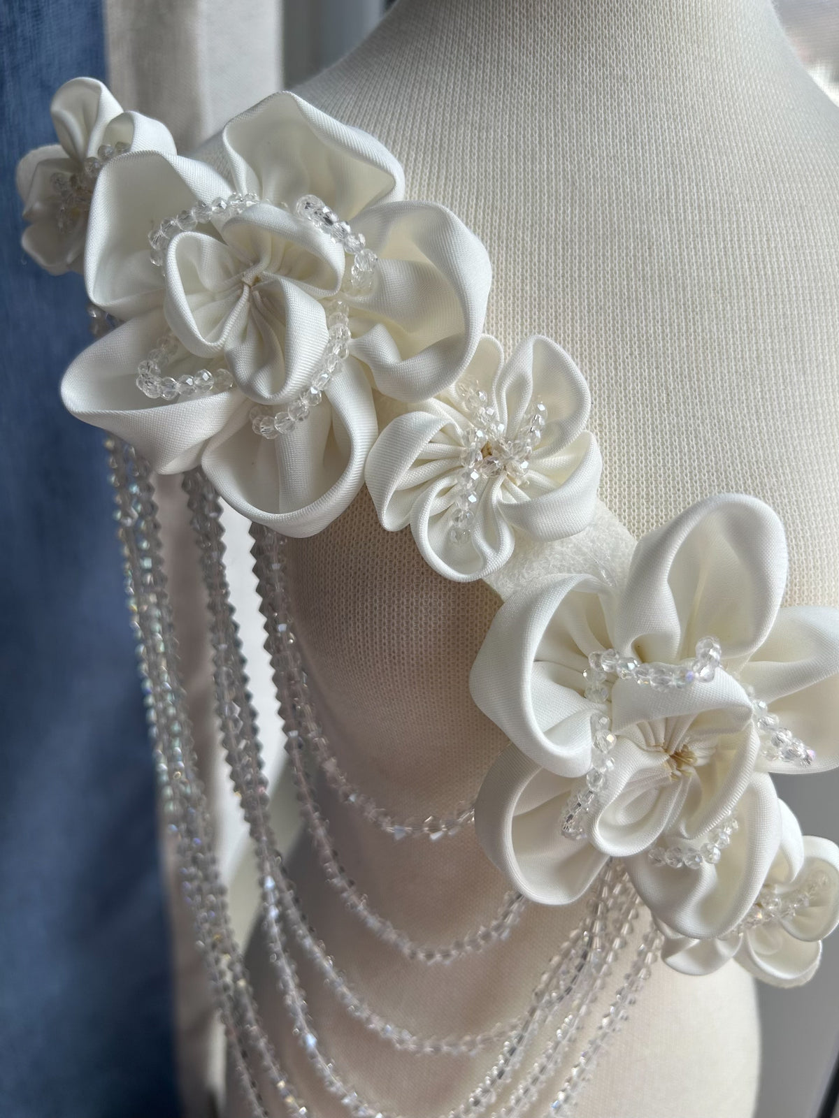 White Crystal Tassel Satin Flower Hair Accessory
