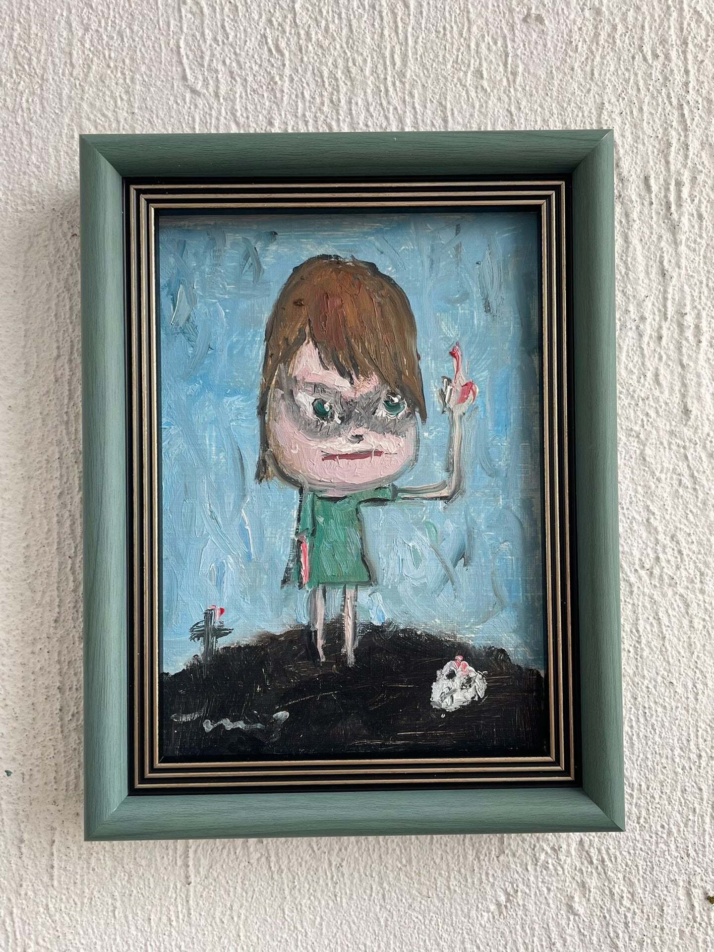 Framed Hand-Painted Oil Portrait of Child with Dark Eye Shadows