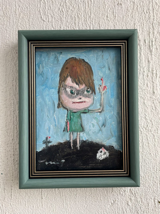 Framed Hand-Painted Oil Portrait of Child with Dark Eye Shadows