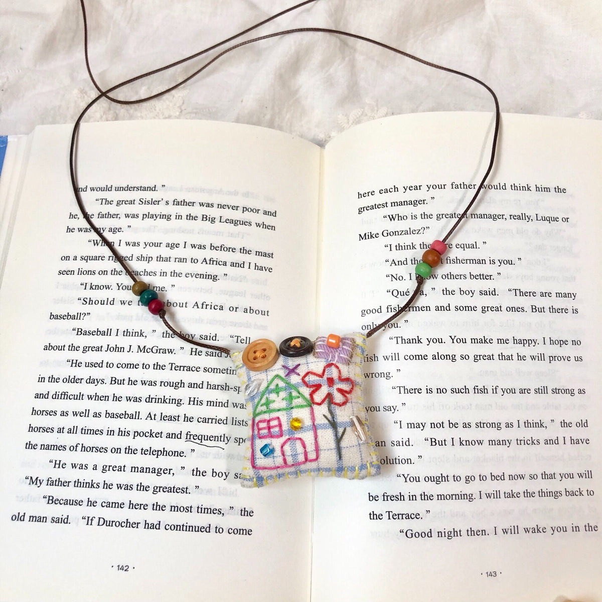 Handmade Fabric Pendant Necklace House Red Flower