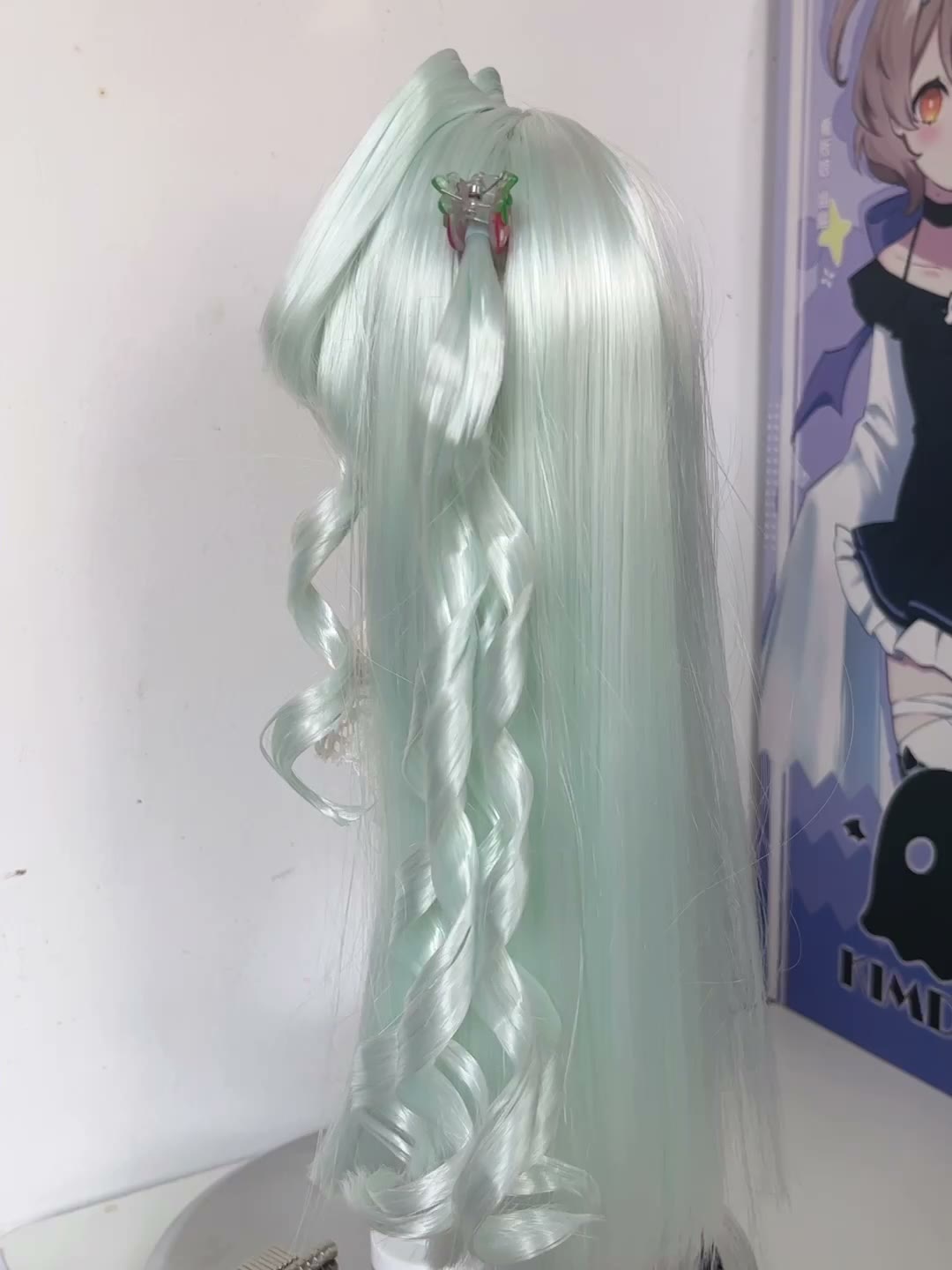 Doll Wig Mint Green with Curled Pigtails