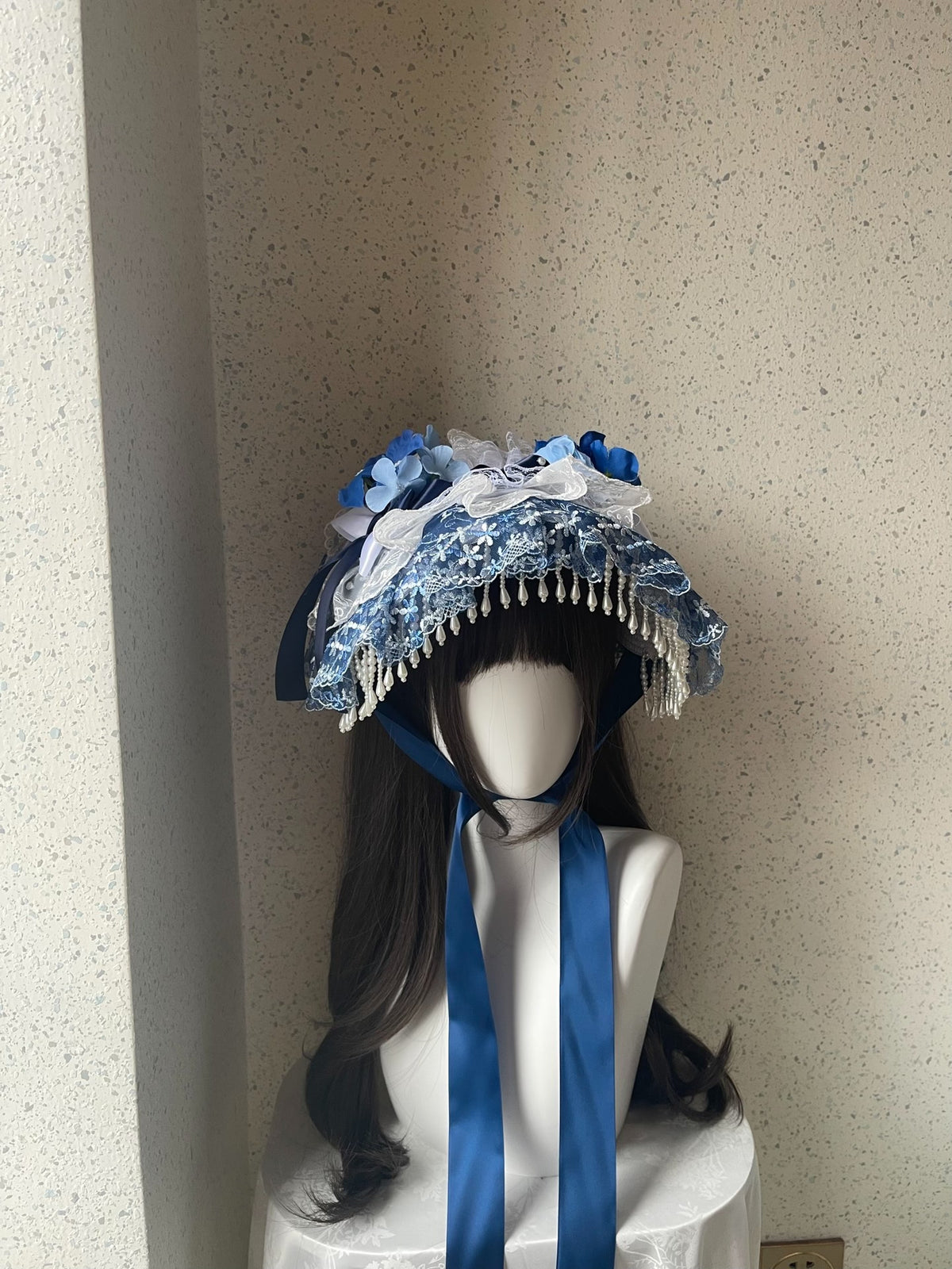Lolita Blue White Lace Bonnet Handmade