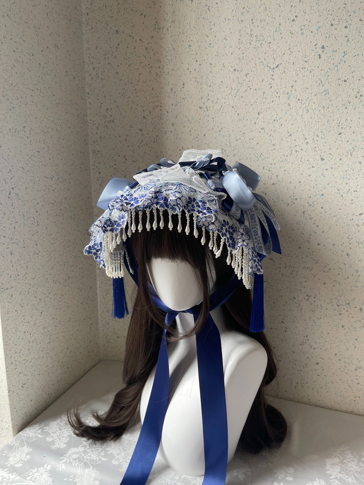 Lolita Blue White Lace Flat Hat Bonnet