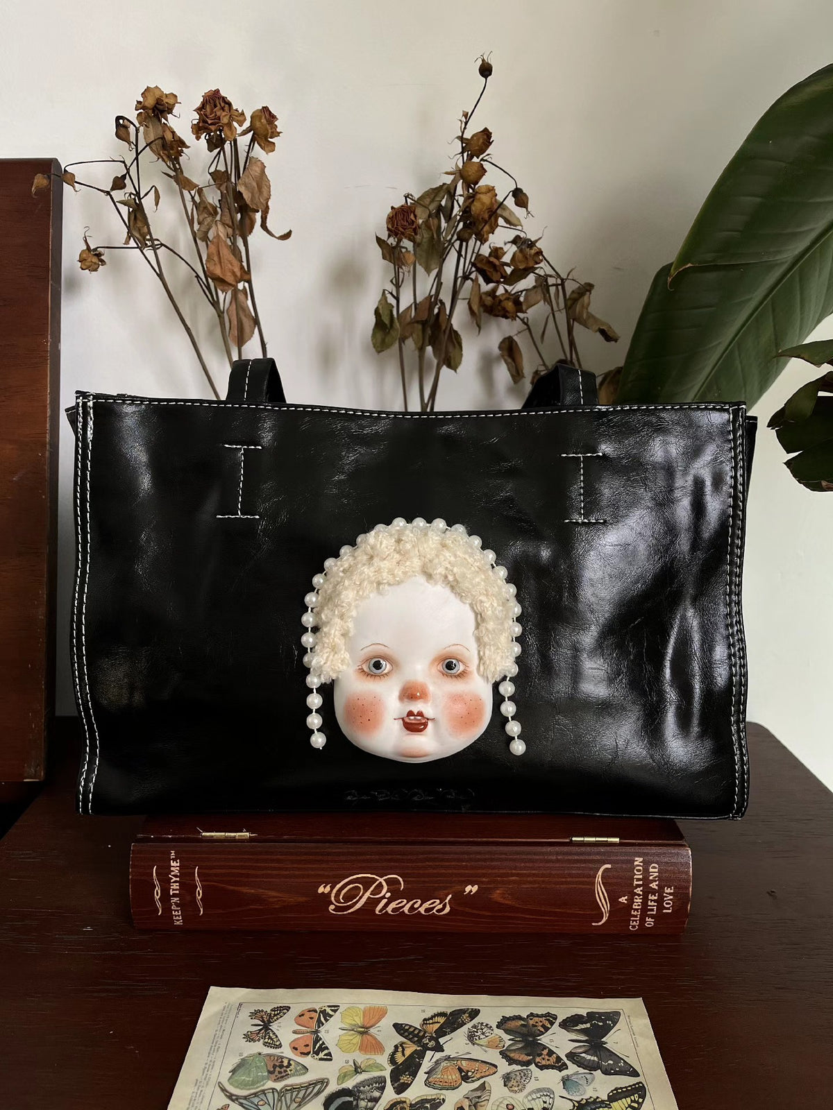 Ceramic Doll Face Handbag with Pearl Accents