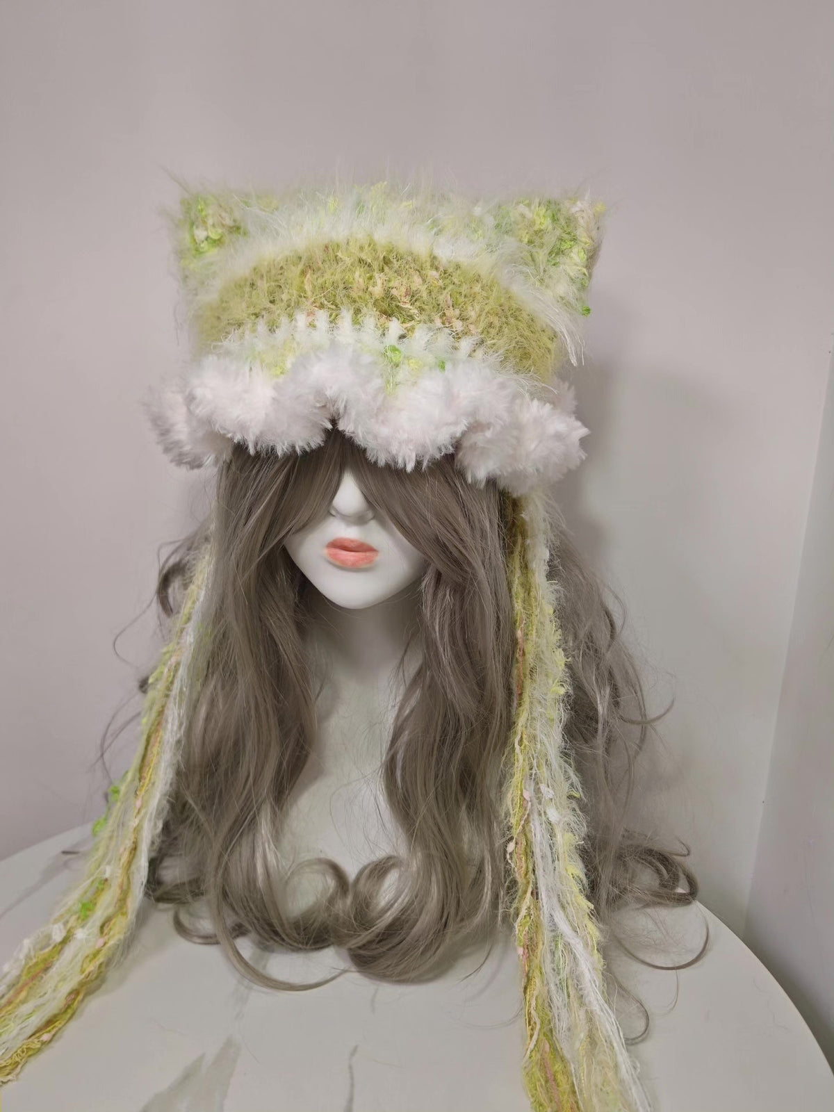 Handmade Green Cat Ear Hat with Tassels