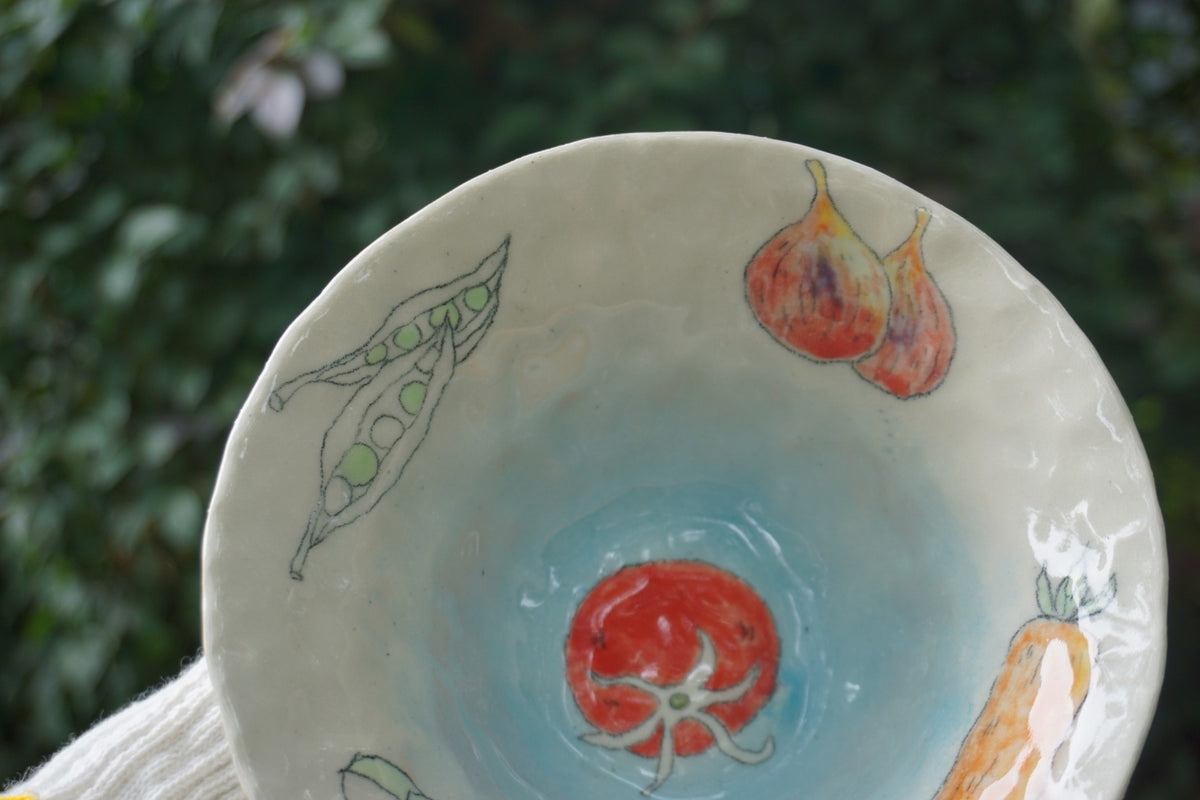Handcrafted Ceramic Salad Bowl with Vegetable Art