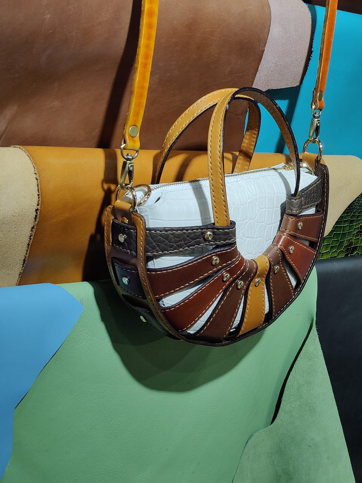 Croc Embossed Leather Crescent Handbag