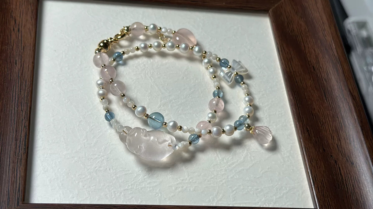 Rose Quartz Cat Pearl Double Strand Bracelet