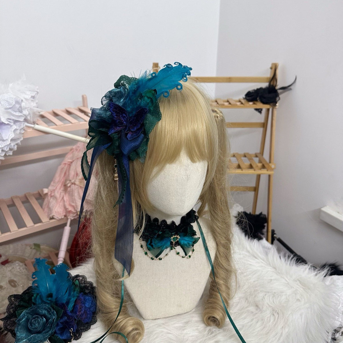 Accessoire de cheveux mini haut-de-forme Lolita plumes de paon