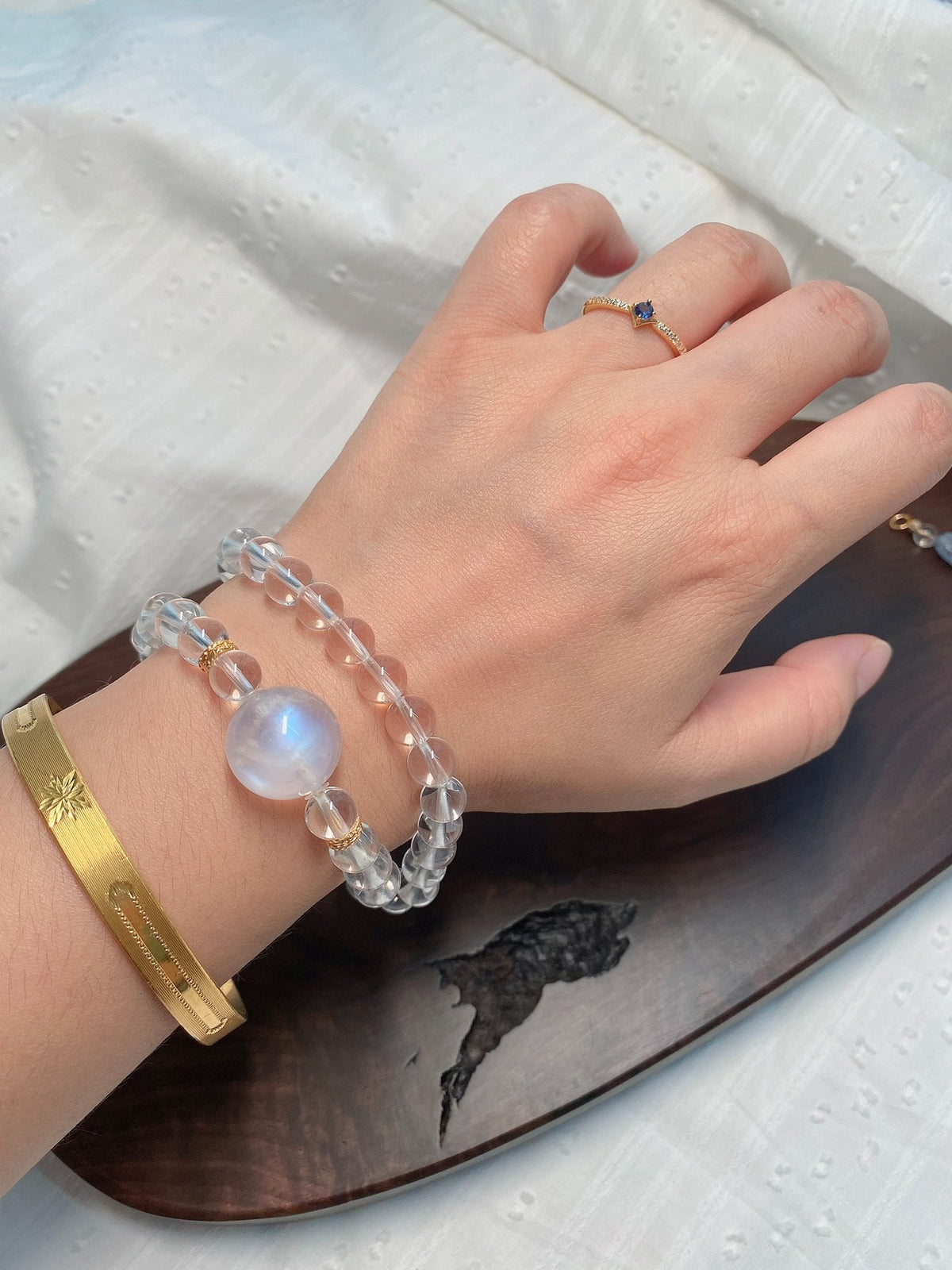 Double Loop Blue Moonstone White Crystal Bracelet