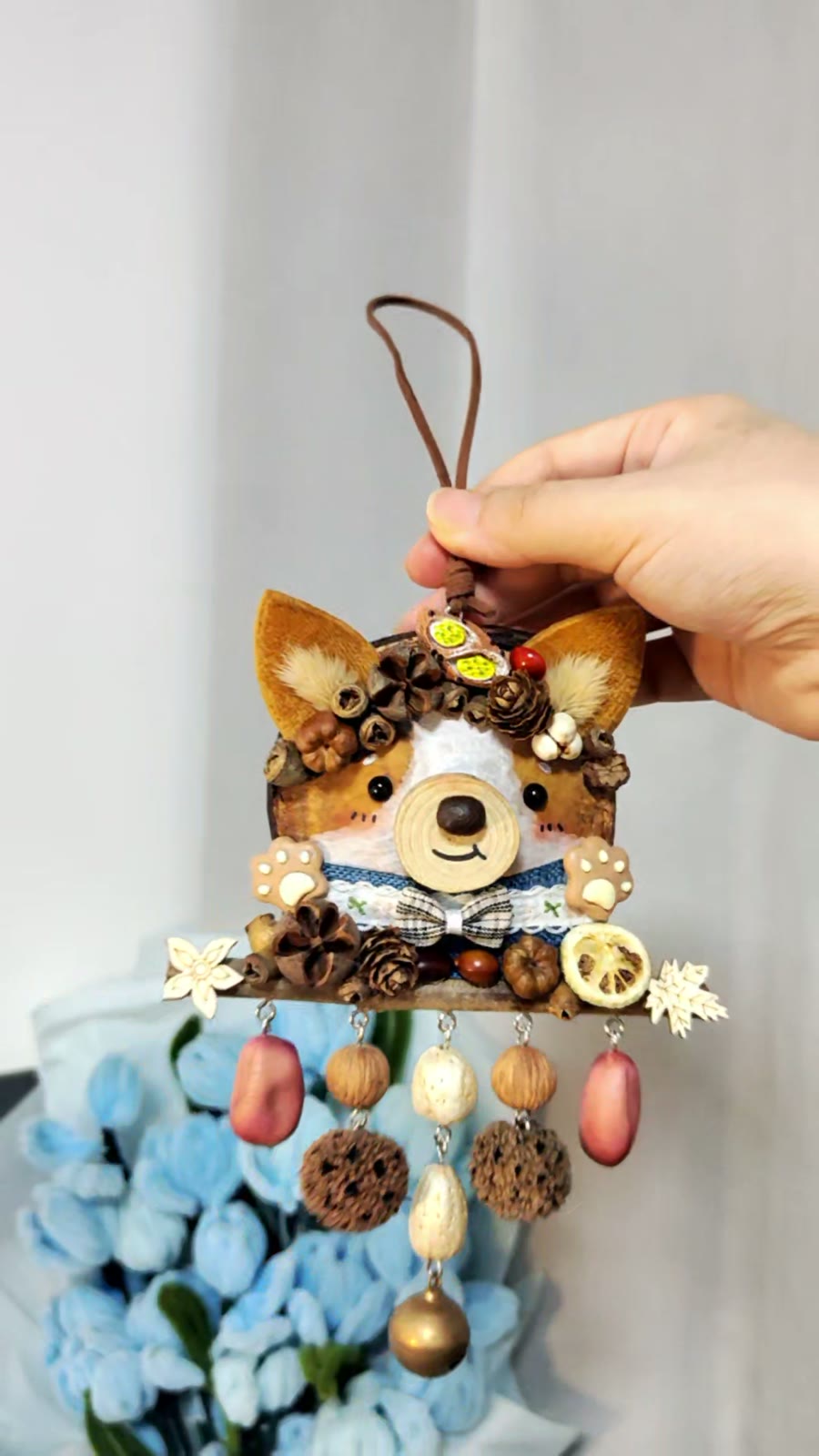 Handgemaakte Entada Zaadappel Corgi Gezicht Ornament