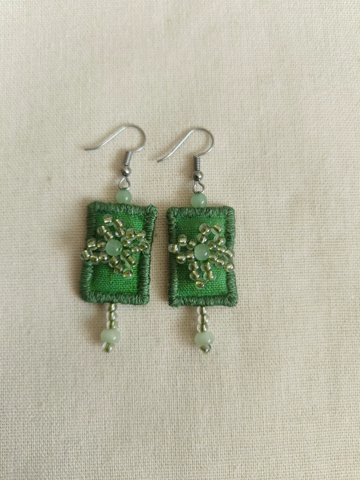 Handmade Green Fabric Beaded Tassel Earrings