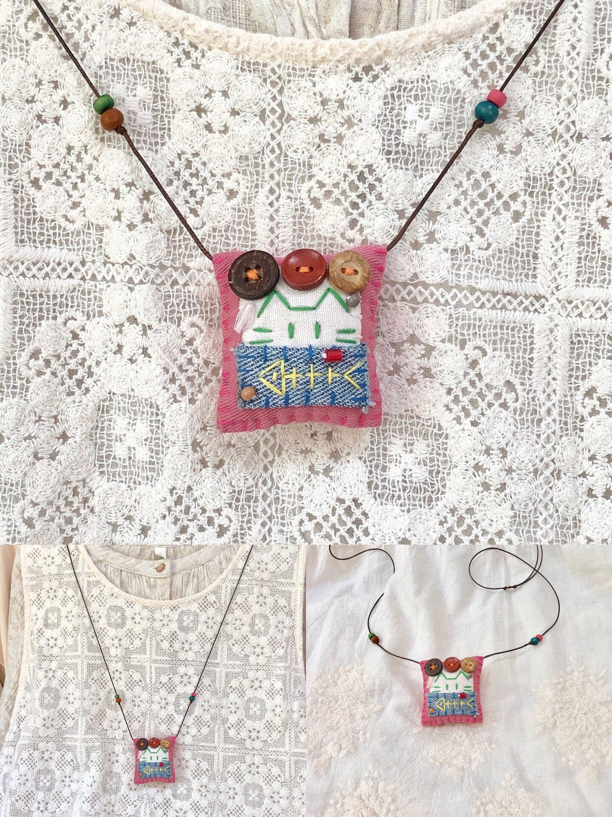 Collar con Colgante de Tela Cosido a Mano con Gato y Pez