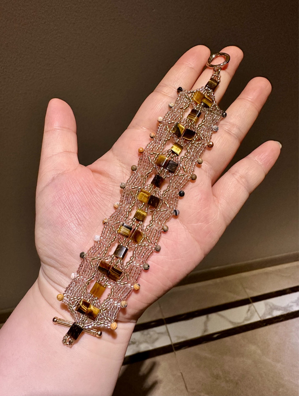Handcrafted Lace Woven Tiger Eye Wide Bracelet