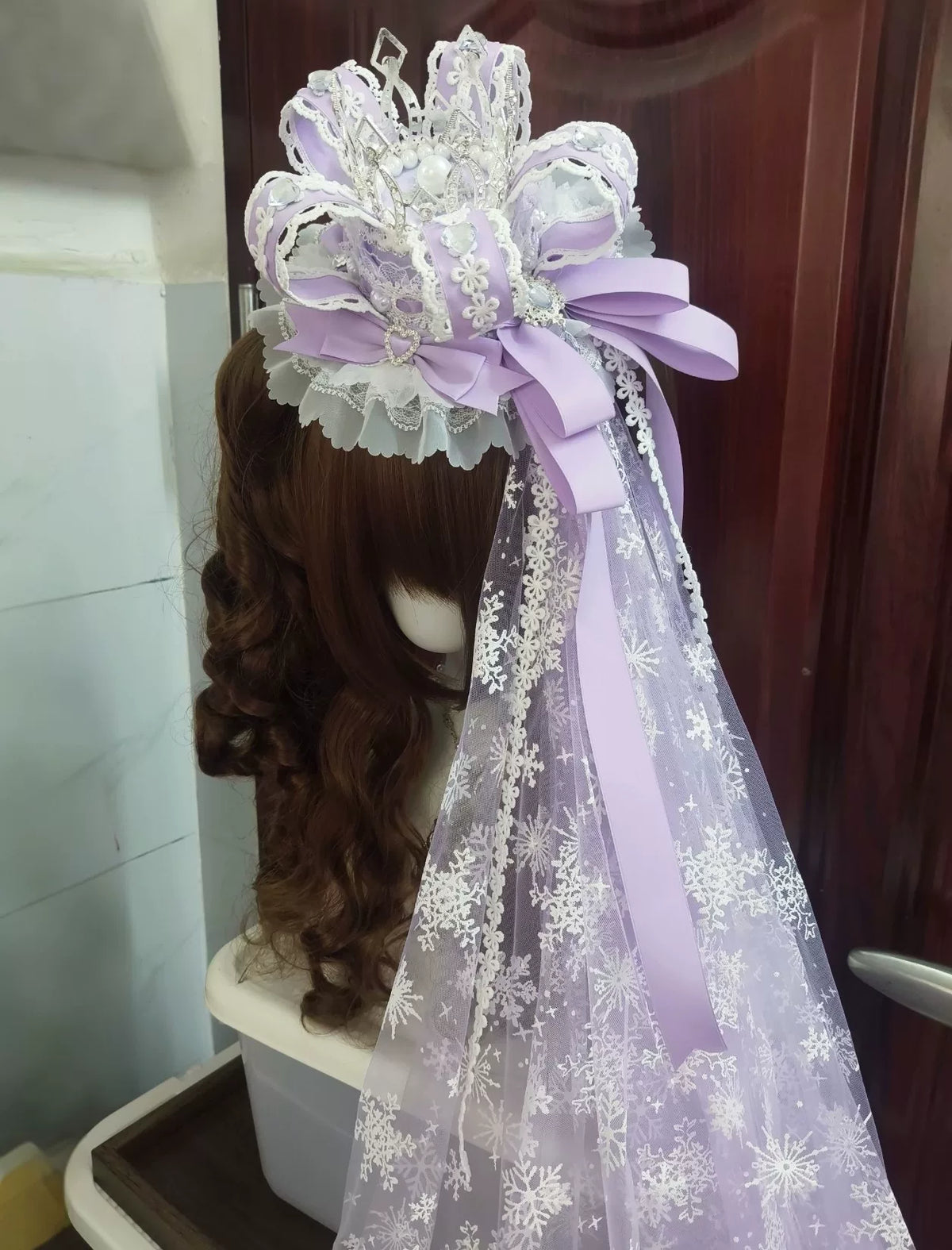 Handmade Purple Hexagonal Crown Lolita Hat with Long Veil