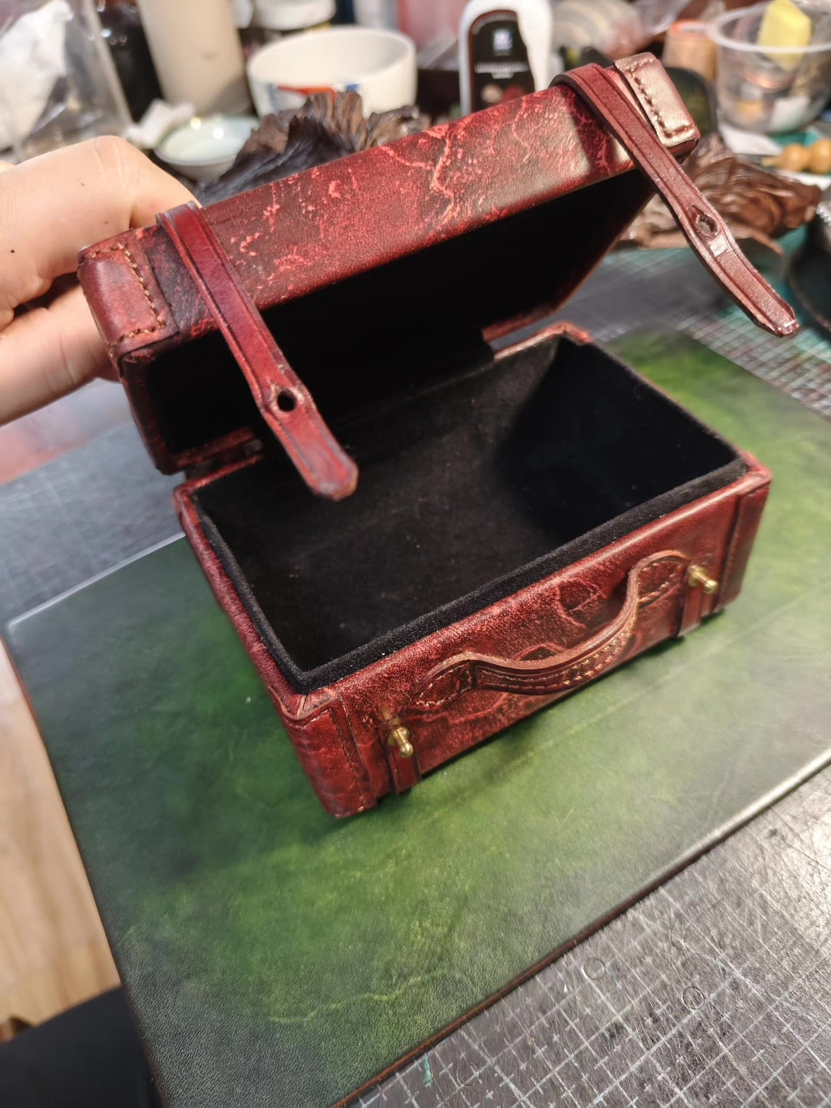 Vintage Hand-Rubbed Leather Mini Trunk with Brass Rivets