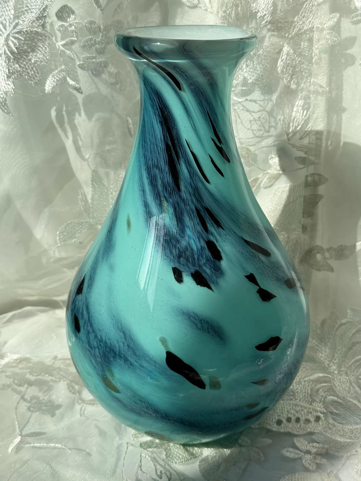 Handblåst glasvas i turkos-vintage
