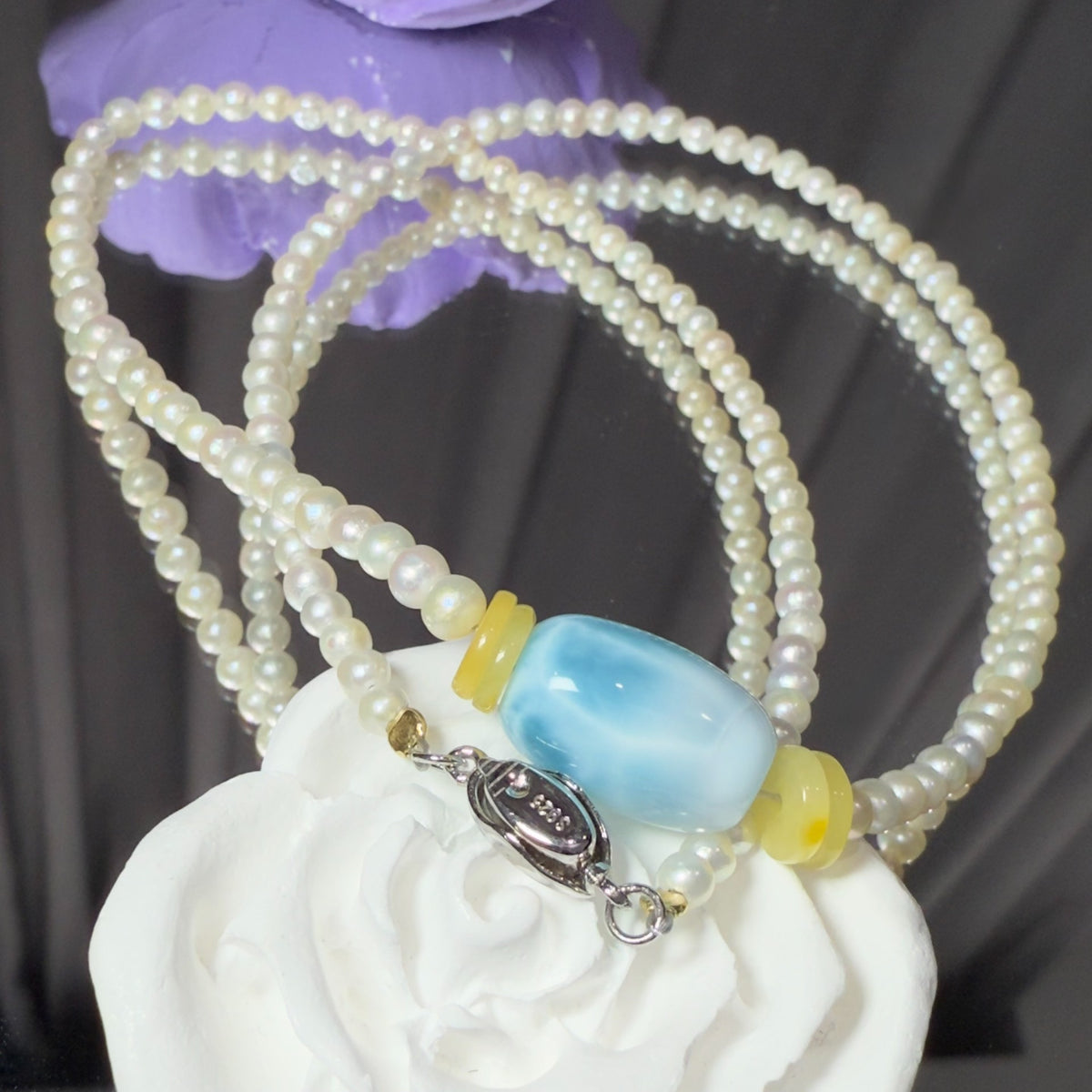 Collar de Larimar, Ámbar y Perlas con Cierre de Plata 925