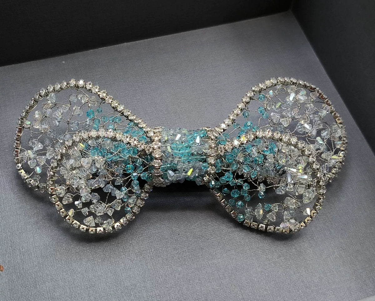 Blue Crystal Beaded Bow Hair Clip