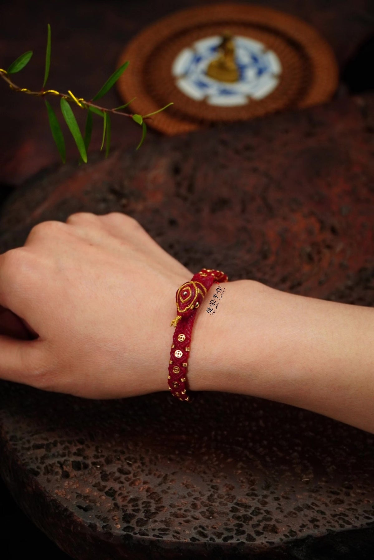 Handwoven Red Snake Bracelet with Gold Coins