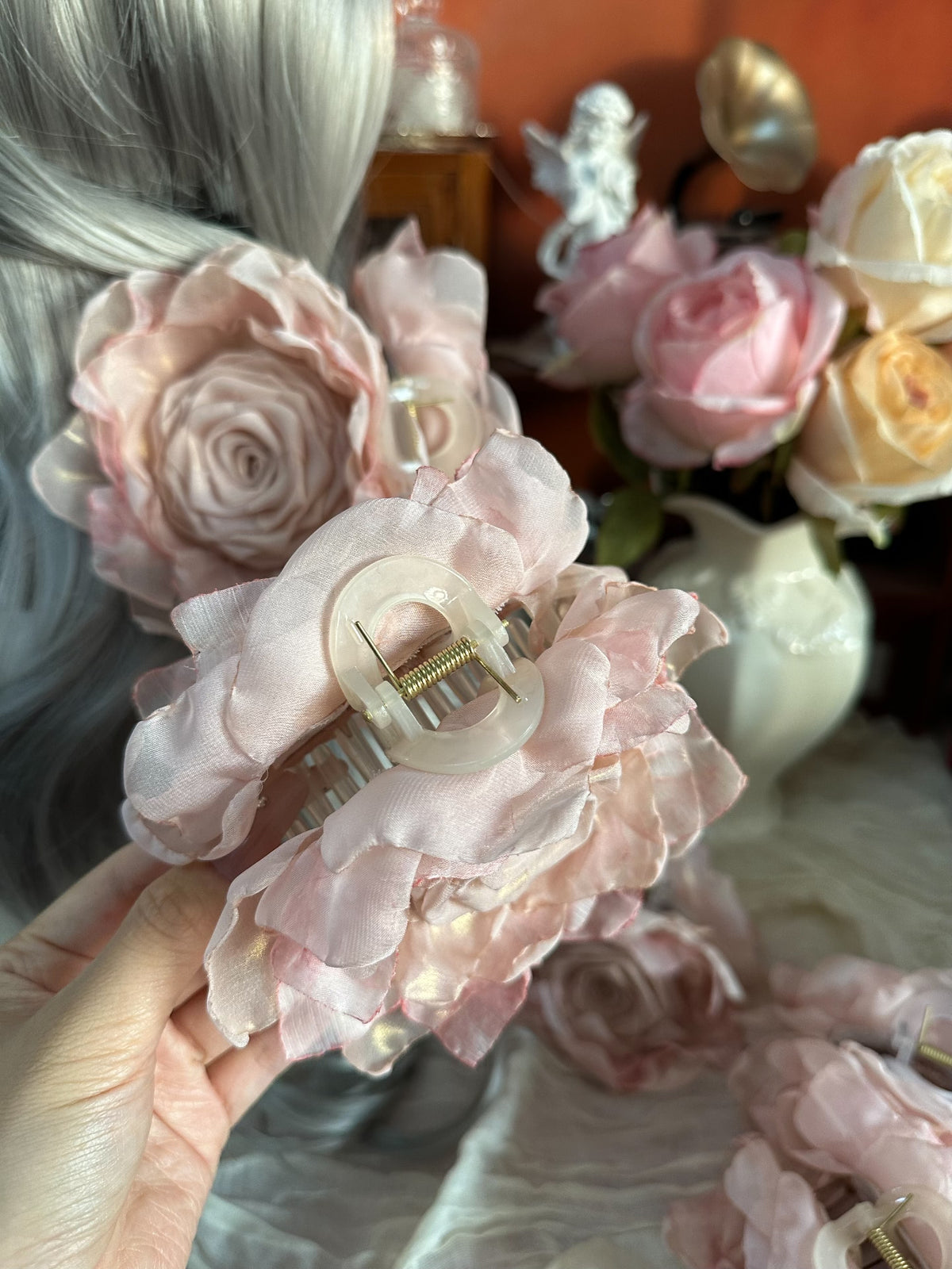 Handmade Fabric Rose Claw Clip Iridescent