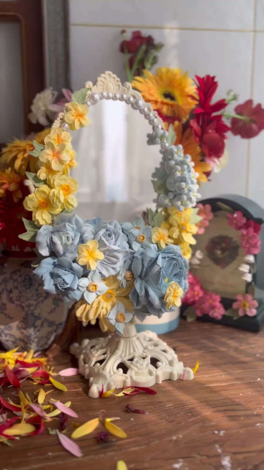 Clay Flower Oval Decorative Mirror